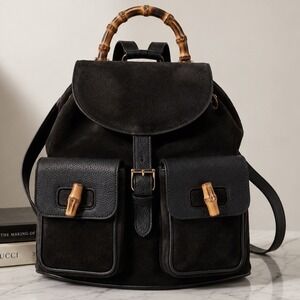 Vintage Gucci Black Suede Backpack Bamboo Handle Made in Italy Rare Collector